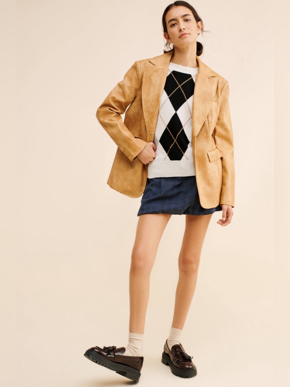 Flat White Structured Vegan Leather Blazer Size Small Tan Camel Vintage Look